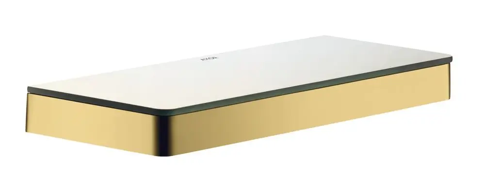 Ablage mit flacher Oberfläche und goldener Unterseite. Die Oberseite ist in hellen Tönen gehalten. Produkt von AXOR.